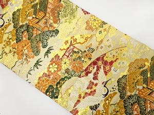 アンティーク　地紙に御所車・鶴模様織り出し丸帯(着用可)